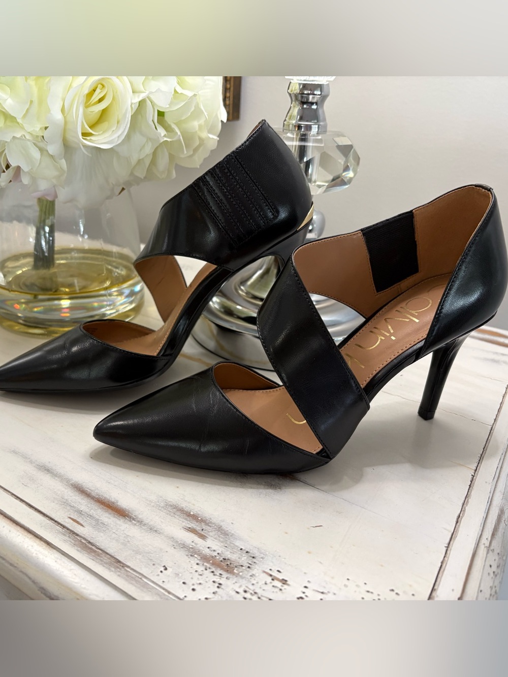 Calvin Klein Black Leather Pointed-Toe Wrap-Strap Heels